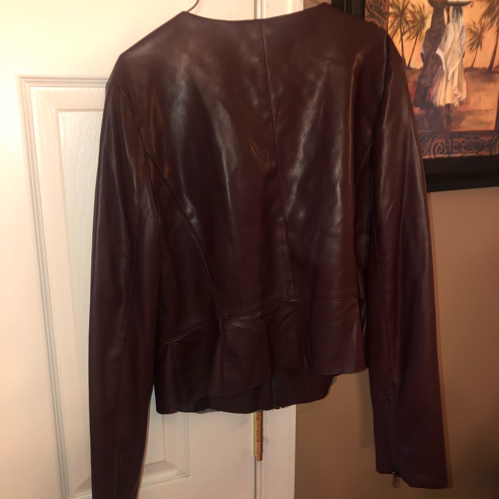 Burgundy zipper women’s leather look jacket